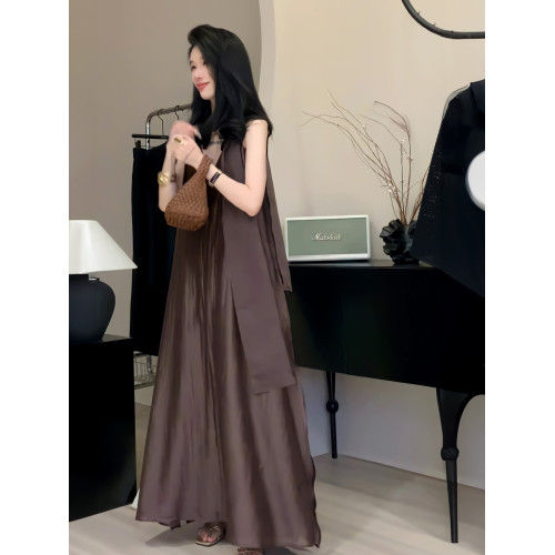 法式復古飄帶V領無袖連衣裙女2025夏季新款韓系慵懶風寬松A字長裙