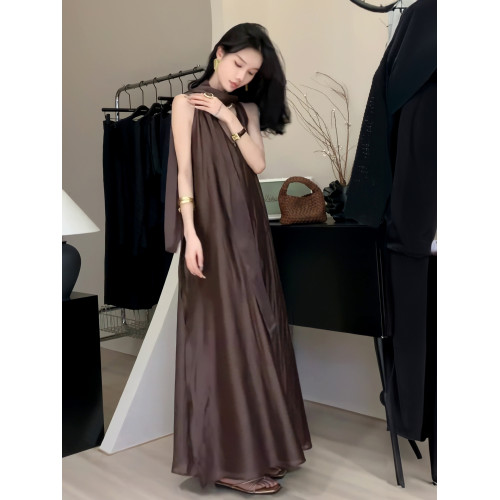 法式復古飄帶V領無袖連衣裙女2025夏季新款韓系慵懶風寬松A字長裙
