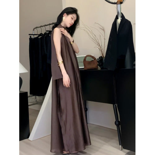 法式復古飄帶V領無袖連衣裙女2025夏季新款韓系慵懶風寬松A字長裙