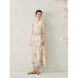 如也原創 柿子印花復古中式苧麻連衣裙女夏季新款五分袖收腰長裙