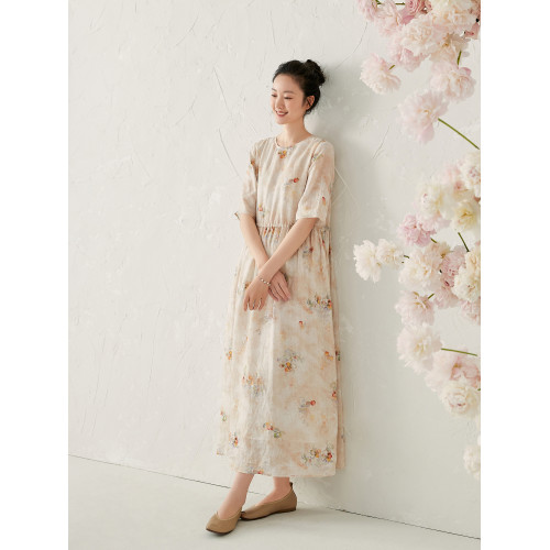 如也原創 柿子印花復古中式苧麻連衣裙女夏季新款五分袖收腰長裙