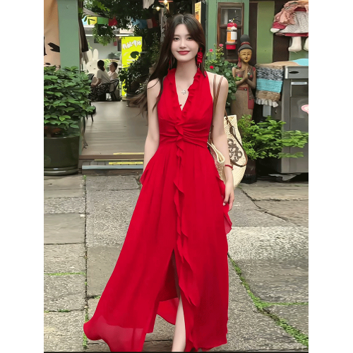 法式荷葉邊V領飄帶掛脖連衣裙女2025夏季新款度假風氣質無袖長裙