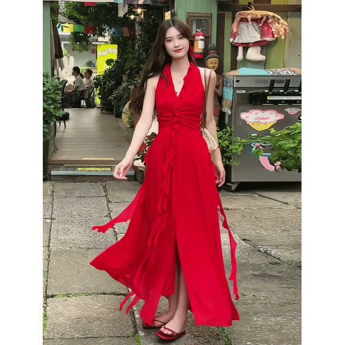 法式荷葉邊V領飄帶掛脖連衣裙女2025夏季新款度假風氣質無袖長裙