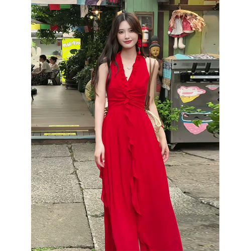 法式荷葉邊V領飄帶掛脖連衣裙女2025夏季新款度假風氣質無袖長裙