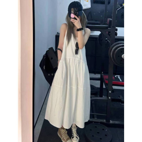 文藝巴洛克膚感白色無袖連衣裙女U領寬松A字吊帶裙白月光度假裙夏