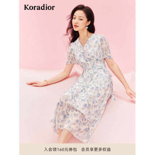 [瑰麗小蠻腰]珂萊蒂爾夏通勤茶歇印花優雅氣質獨特連衣裙