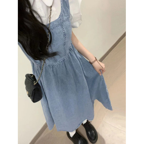 假兩件牛仔連衣裙女2025夏季新款法式高腰短袖學院風襯衫拼接裙子