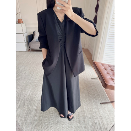 Masakiki七七 優雅顯瘦！T/C混紡面料~法式V領抽褶收腰無袖連衣裙