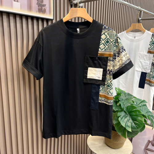 夏季新款時尚拼接短袖男T恤工裝風休閒圓領上衣潮流打底體恤半袖