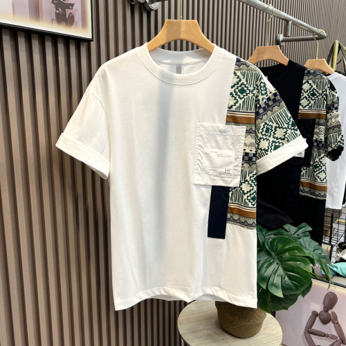夏季新款時尚拼接短袖男T恤工裝風休閒圓領上衣潮流打底體恤半袖