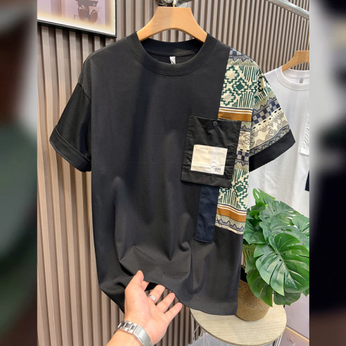 夏季新款時尚拼接短袖男T恤工裝風休閒圓領上衣潮流打底體恤半袖
