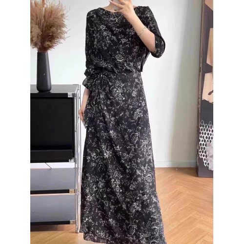 法式真絲桑蠶絲碎花連衣裙歐洲站2025夏季新款韓系帶中長款裙子女