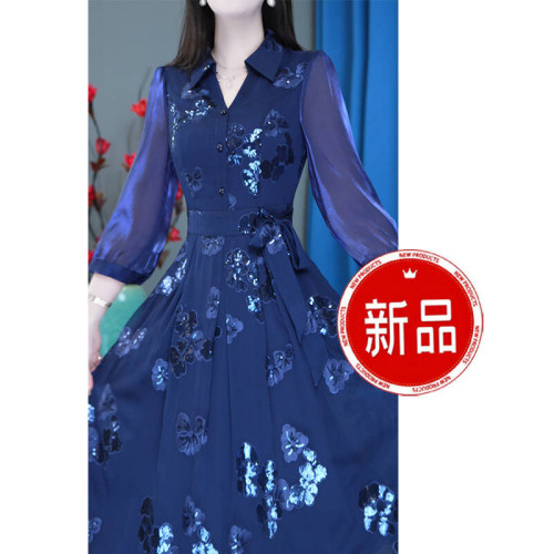 夢莎姿襯衫領印花連衣裙女2025年春季新款收腰顯瘦媽媽裝a字裙子
