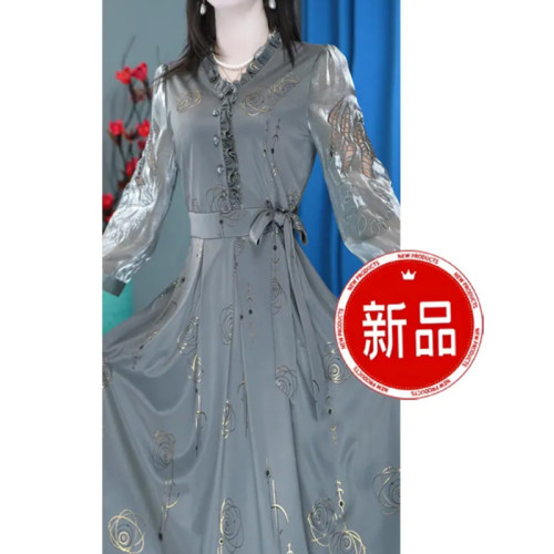 夢莎姿襯衫領印花連衣裙女2025年春季新款收腰顯瘦媽媽裝a字裙子