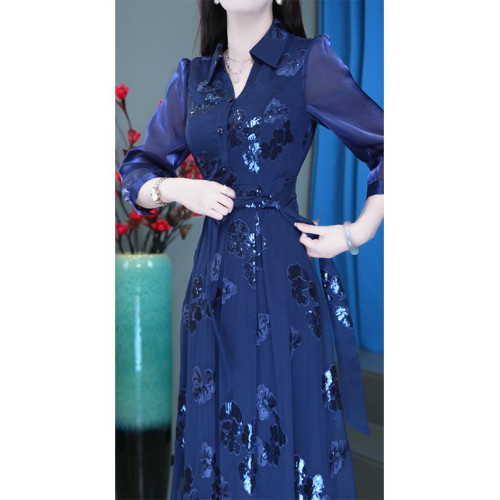 夢莎姿襯衫領印花連衣裙女2025年春季新款收腰顯瘦媽媽裝a字裙子