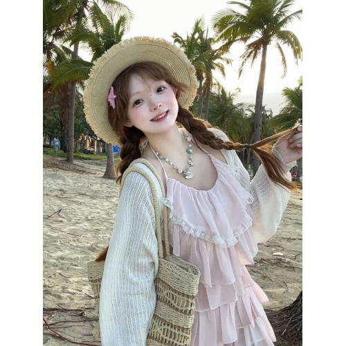 茄茄西米原創 [一點藍] 掛脖蕾絲吊帶蛋糕連衣裙甜美溫柔度假風夏