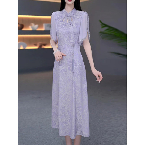 伊人的衣櫥新中式提花連衣裙女夏季2025新款優雅減齡輕奢過膝長裙