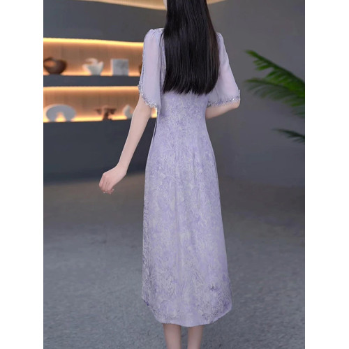 伊人的衣櫥新中式提花連衣裙女夏季2025新款優雅減齡輕奢過膝長裙