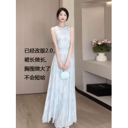 高個子172加長版夏季法式無袖扭結大擺連衣裙超好看絕美掐腰長裙