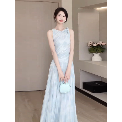 高個子172加長版夏季法式無袖扭結大擺連衣裙超好看絕美掐腰長裙