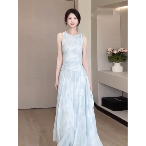 高個子172加長版夏季法式無袖扭結大擺連衣裙超好看絕美掐腰長裙