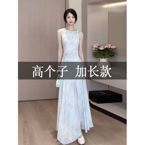 高個子172加長版夏季法式無袖扭結大擺連衣裙超好看絕美掐腰長裙