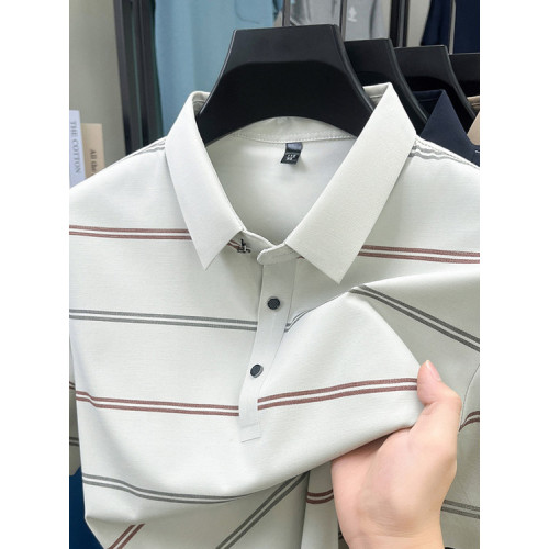 新款條紋polo衫短袖男T恤翻領男士短袖T恤夏季休閒polo上衣透氣新