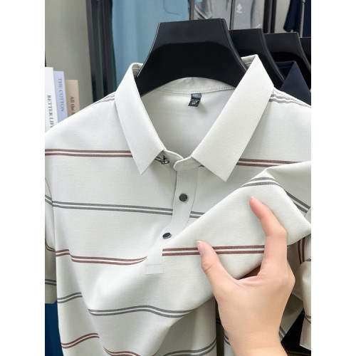 新款條紋polo衫短袖男T恤翻領男士短袖T恤夏季休閒polo上衣透氣新