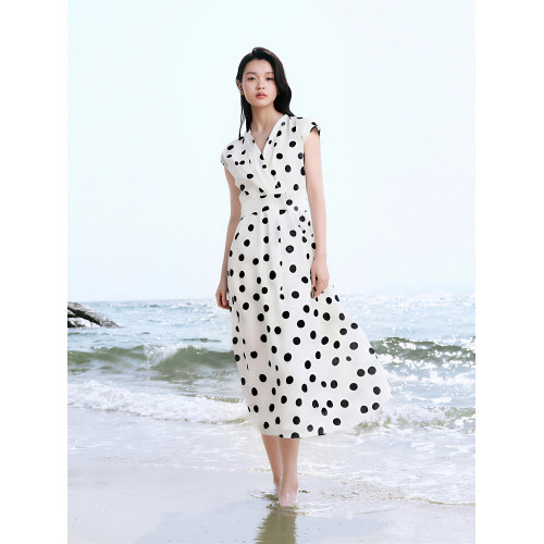 【度假風】koradior珂萊蒂爾2025年夏季法式優雅V領波點連衣裙女