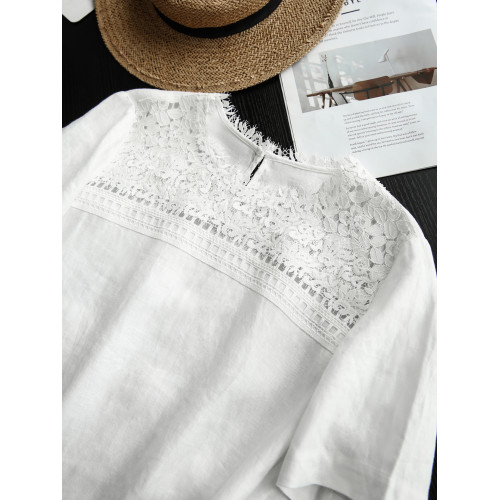 「浮生亞麻·重工蕾絲」100%亞麻/連衣裙 寬鬆圓領女直筒裙25夏新