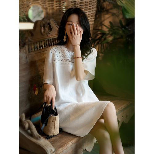 「浮生亞麻·重工蕾絲」100%亞麻/連衣裙 寬鬆圓領女直筒裙25夏新