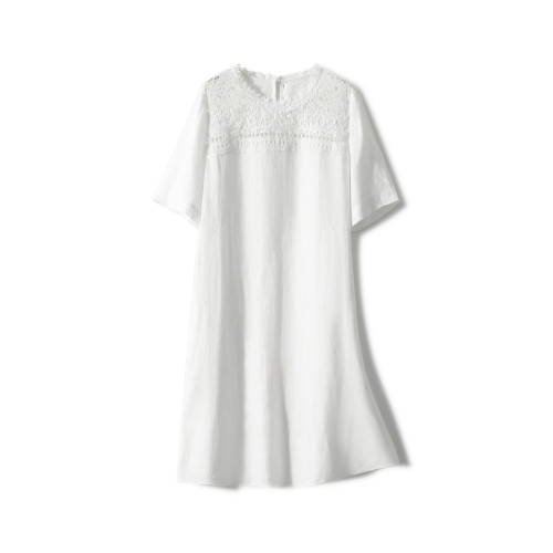 「浮生亞麻·重工蕾絲」100%亞麻/連衣裙 寬鬆圓領女直筒裙25夏新