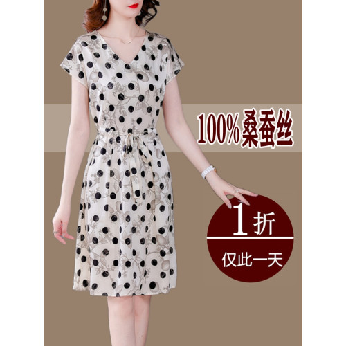 真絲桑蠶絲連衣裙女2025新款夏女裝小個子中老年媽媽收腰顯瘦裙子