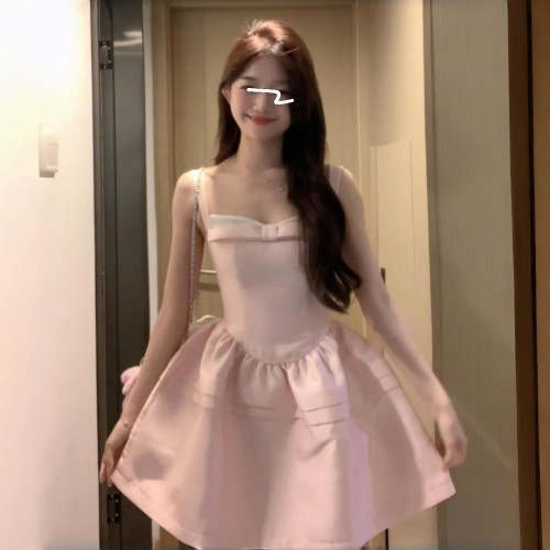 法式粉色蝴蝶結醋酸拼接公主輕禮服吊帶連衣裙小個子生日絕美短裙