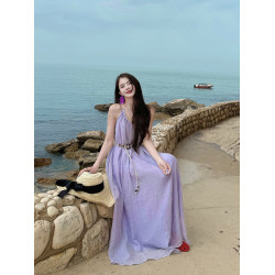 法式旅遊海邊度假風氣質掛脖吊帶連衣裙女夏季設計感寬松紫色長裙