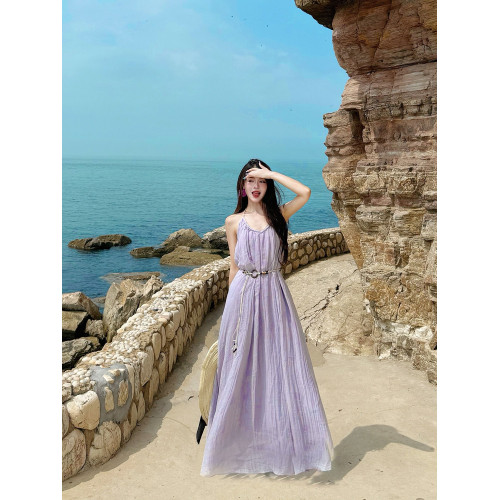 法式旅遊海邊度假風氣質掛脖吊帶連衣裙女夏季設計感寬松紫色長裙