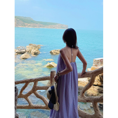 法式旅遊海邊度假風氣質掛脖吊帶連衣裙女夏季設計感寬松紫色長裙