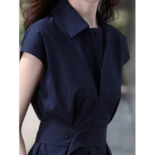 Basic House/百家好藏藍色短袖連衣裙女夏季收腰顯瘦POLO領襯衫裙