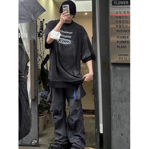 歐美高街限定破壞字母水洗不規則髒染潮流復古休閒寬松短袖男T恤