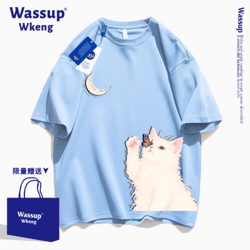 wassup聯名卡通小貓短袖男t恤2025新款夏季寬松純棉黑色半袖上衣