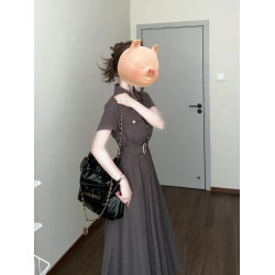 法式通勤穿搭polo領灰色收腰連衣裙子女裝夏季2025新款小個子長裙