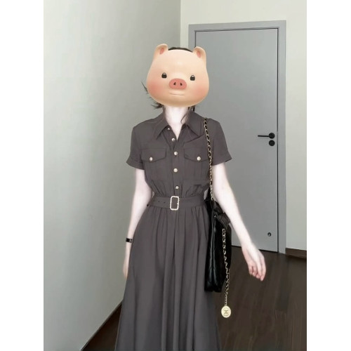 法式通勤穿搭polo領灰色收腰連衣裙子女裝夏季2025新款小個子長裙