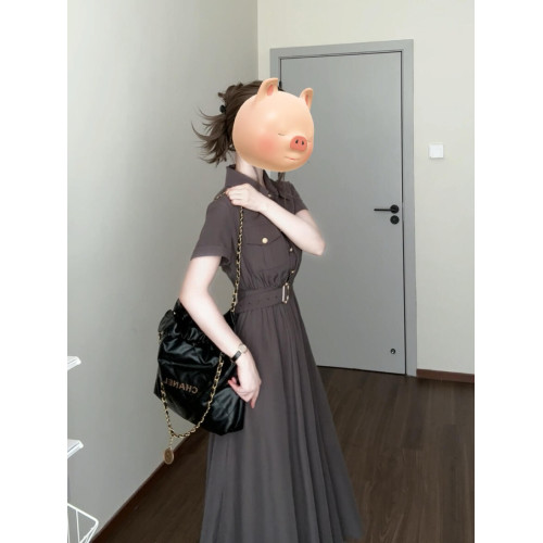 法式通勤穿搭polo領灰色收腰連衣裙子女裝夏季2025新款小個子長裙