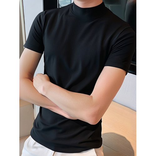 墨綠色半高領短袖男T恤秋冬季加厚純棉保暖上衣中領半袖體恤潮流