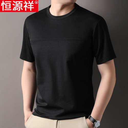 恒源祥夏季新款棉麻短袖男T恤中年寬松圓領有口袋體恤打底半袖男