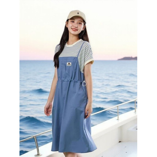 女大童連衣裙夏季2025新款學院風裙子初中學生女孩假兩件過膝長裙