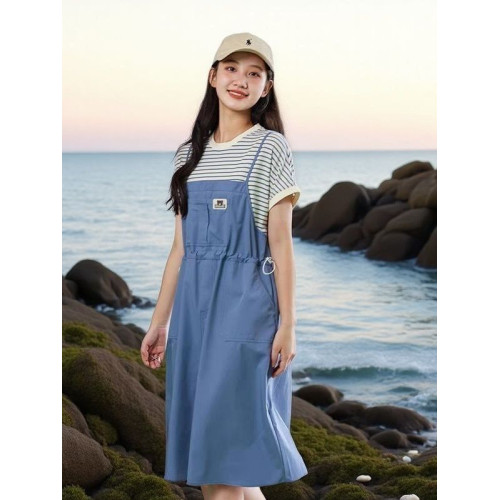 女大童連衣裙夏季2025新款學院風裙子初中學生女孩假兩件過膝長裙