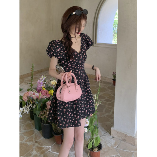 小個子雪紡連衣裙女夏季2025新款優雅圓領修身氣質顯瘦a字裙子女