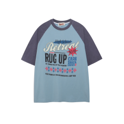 Xman美式vintage插肩袖拼色圓領短袖男t恤夏季新款寬鬆復古體恤潮