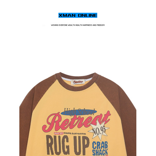 Xman美式vintage插肩袖拼色圓領短袖男t恤夏季新款寬鬆復古體恤潮